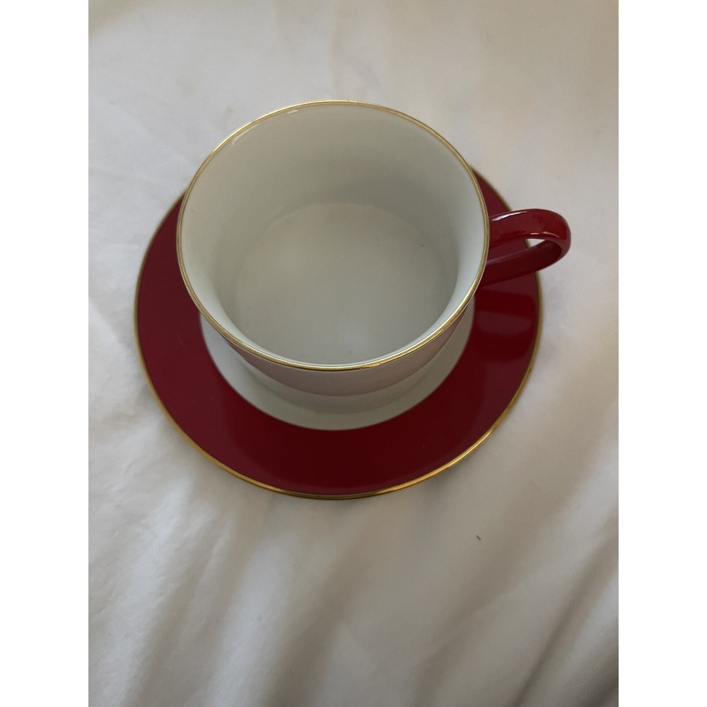 Ten Strawberry Street Halo Red Cup & Saucer Red Rim White Center Gold Trim - NWT